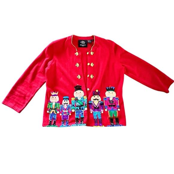 RARE Vintage Michael Simon Women's Red Nutcracker Cardigan Sweater Size Small - Picture 1 of 13